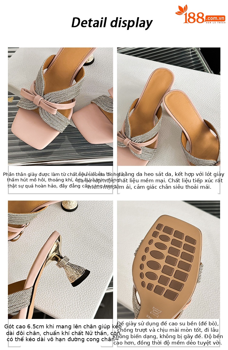 Sandal cao gót nữ hở mũi đính đá pha lê, quai ngang nơ bướm, gót 9 cm — màu hồng, màu trắng ngà chi tiết 5
