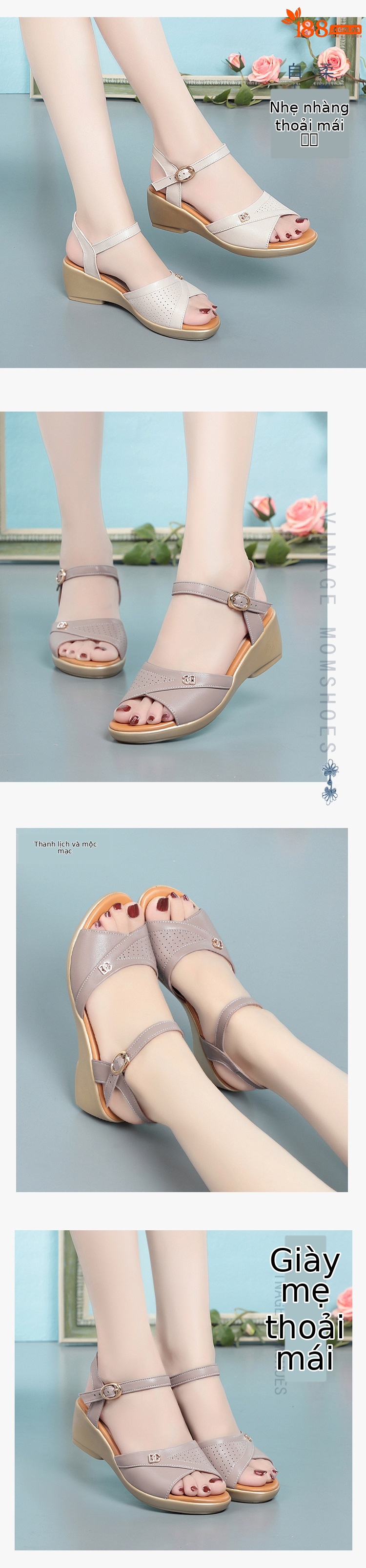 Sandal nữ quai chữ V đế xuồng gót thấp da mềm — màu be chi tiết 5