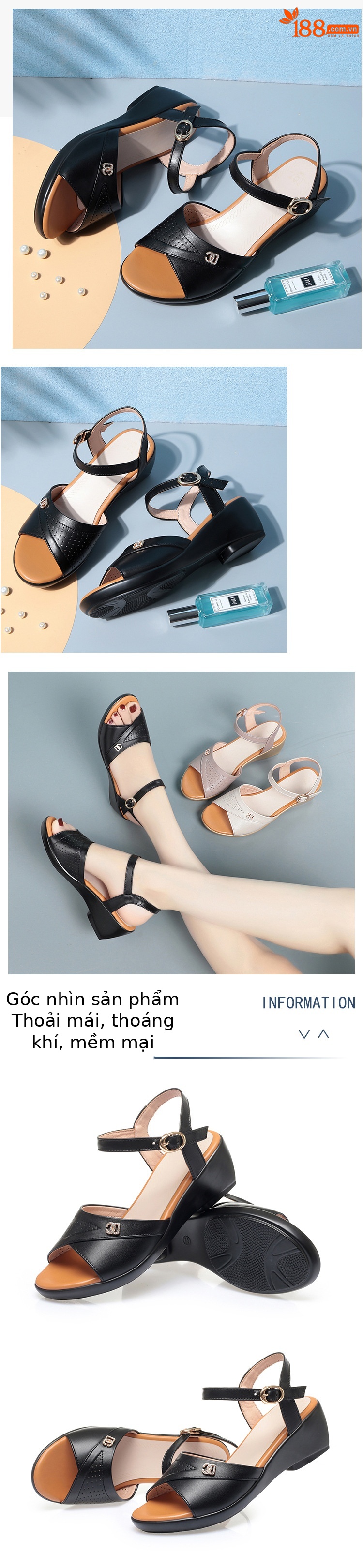 Sandal nữ quai chữ V đế xuồng gót thấp da mềm — màu be chi tiết 7