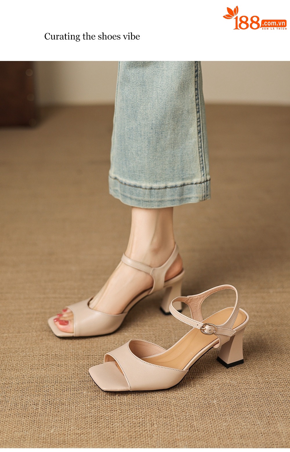 Sandal cao gót nữ mũi vuông hở ngón chân, quai một chữ, gót thô 9 cm — màu trắng ngà chi tiết 3
