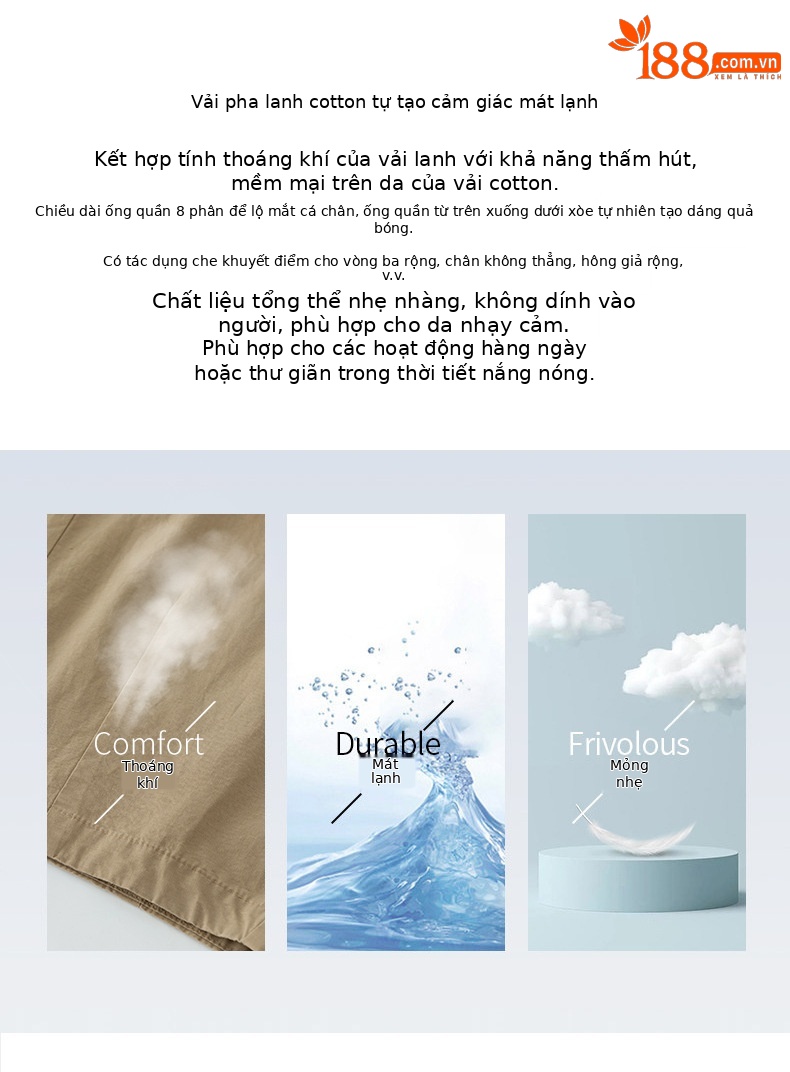 Quần culottes nữ ống rộng cạp cao vải lanh phối cotton, dáng bong bóng thoáng mát — màu kaki chi tiết 2