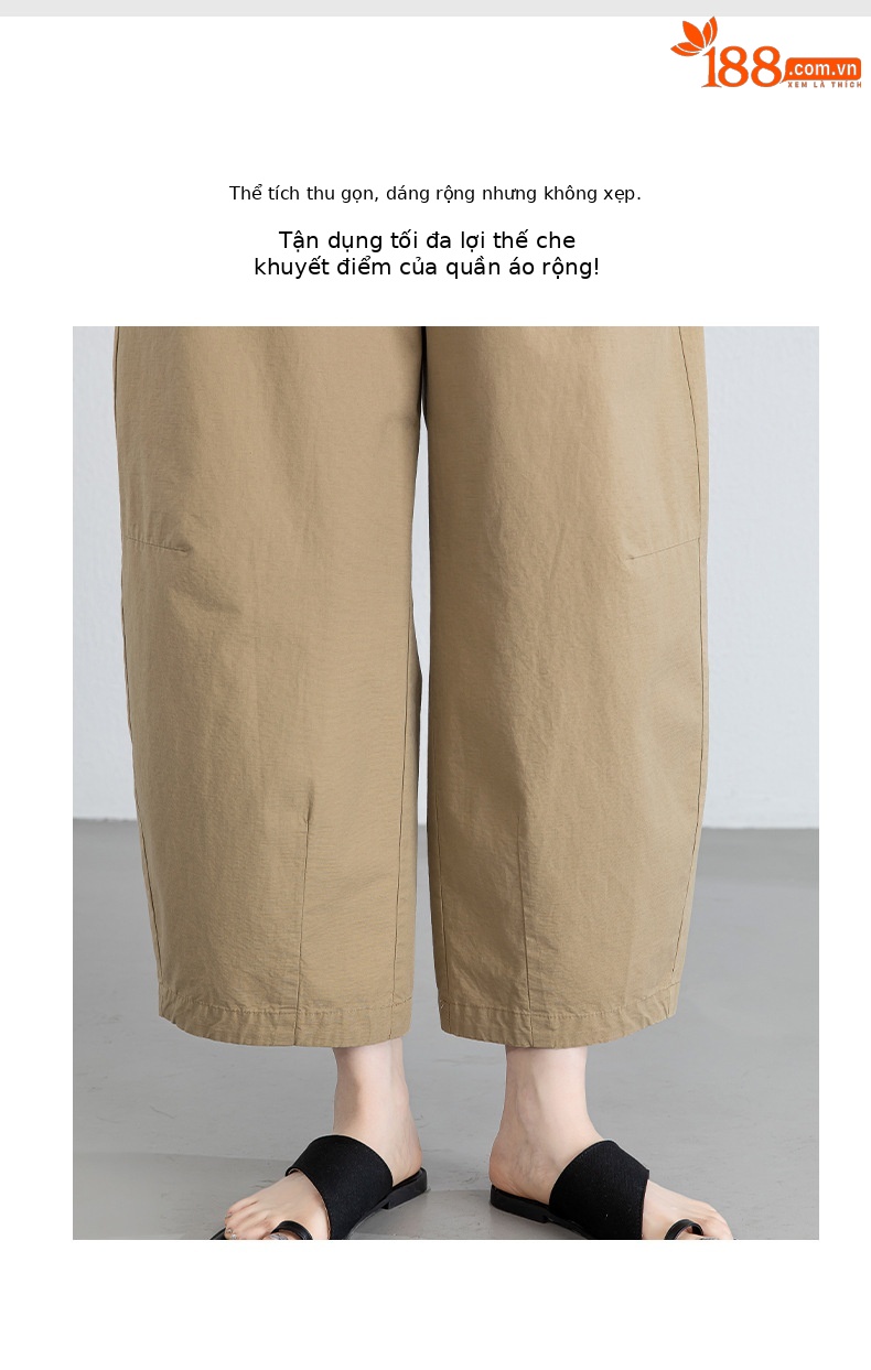 Quần culottes nữ ống rộng cạp cao vải lanh phối cotton, dáng bong bóng thoáng mát — màu kaki chi tiết 5