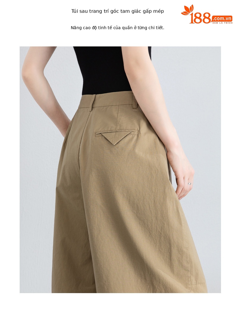 Quần culottes nữ ống rộng cạp cao vải lanh phối cotton, dáng bong bóng thoáng mát — màu kaki chi tiết 6