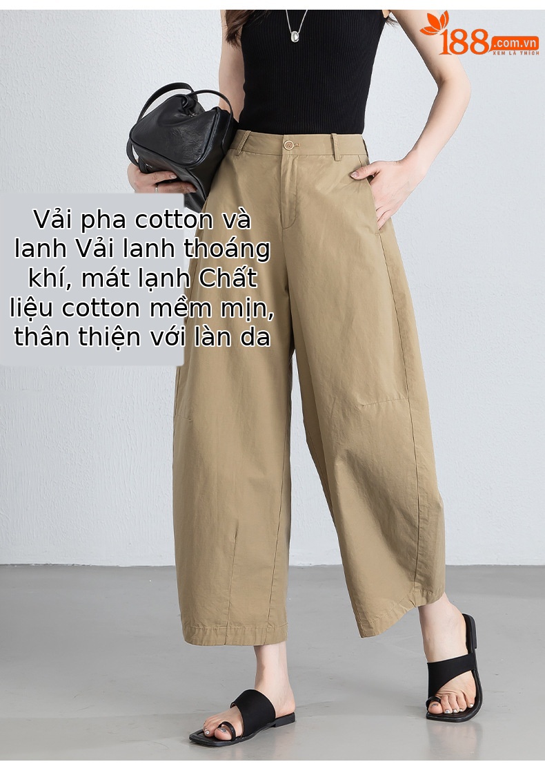 Quần culottes nữ ống rộng cạp cao vải lanh phối cotton, dáng bong bóng thoáng mát — màu kaki chi tiết 8