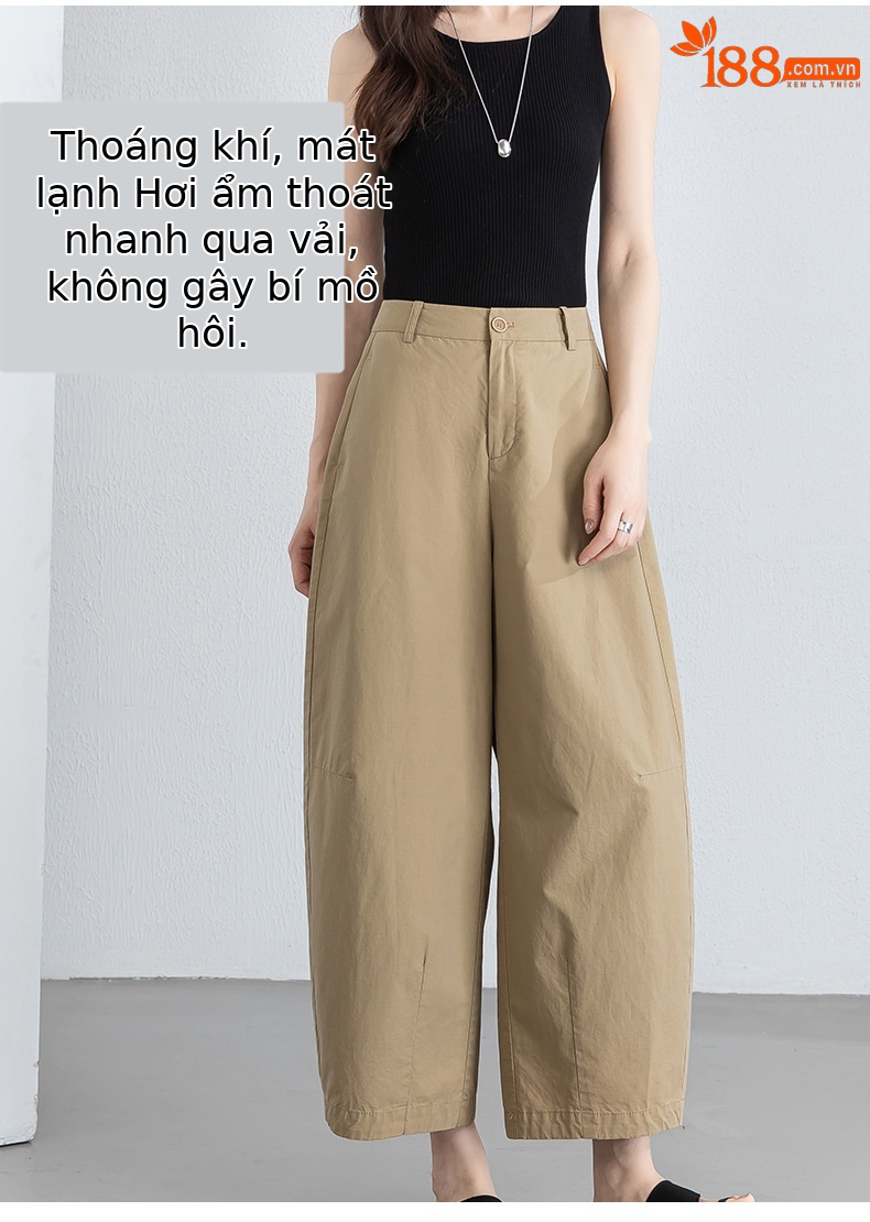 Quần culottes nữ ống rộng cạp cao vải lanh phối cotton, dáng bong bóng thoáng mát — màu kaki chi tiết 9