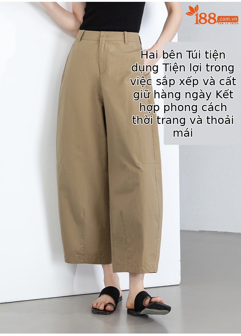 Quần culottes nữ ống rộng cạp cao vải lanh phối cotton, dáng bong bóng thoáng mát — màu kaki chi tiết 10