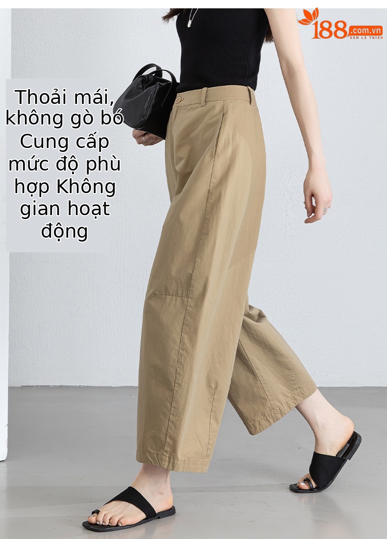 Quần culottes nữ ống rộng cạp cao vải lanh phối cotton, dáng bong bóng thoáng mát — màu kaki chi tiết 11