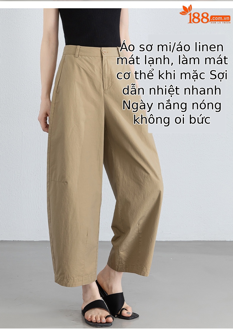 Quần culottes nữ ống rộng cạp cao vải lanh phối cotton, dáng bong bóng thoáng mát — màu kaki chi tiết 12