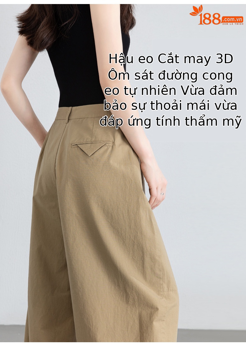 Quần culottes nữ ống rộng cạp cao vải lanh phối cotton, dáng bong bóng thoáng mát — màu kaki chi tiết 13