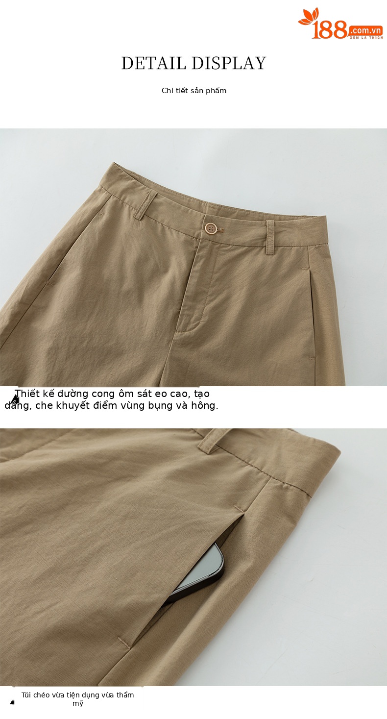 Quần culottes nữ ống rộng cạp cao vải lanh phối cotton, dáng bong bóng thoáng mát — màu kaki chi tiết 14