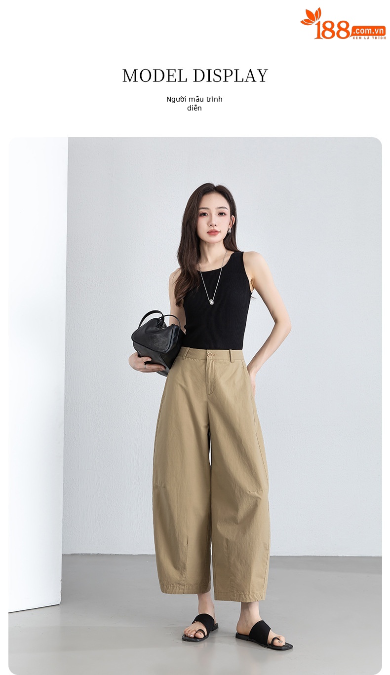 Quần culottes nữ ống rộng cạp cao vải lanh phối cotton, dáng bong bóng thoáng mát — màu kaki chi tiết 18