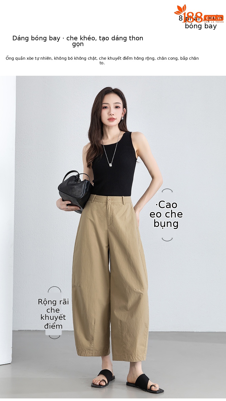 Quần culottes nữ ống rộng cạp cao vải lanh phối cotton, dáng bong bóng thoáng mát — màu kaki chi tiết 1