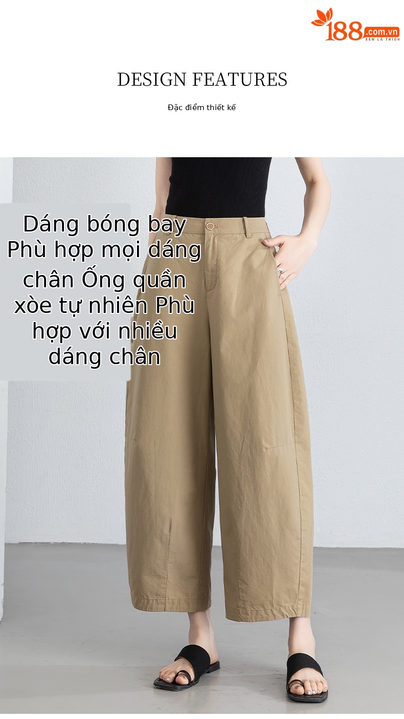 Quần culottes nữ ống rộng cạp cao vải lanh phối cotton, dáng bong bóng thoáng mát — màu kaki chi tiết 7
