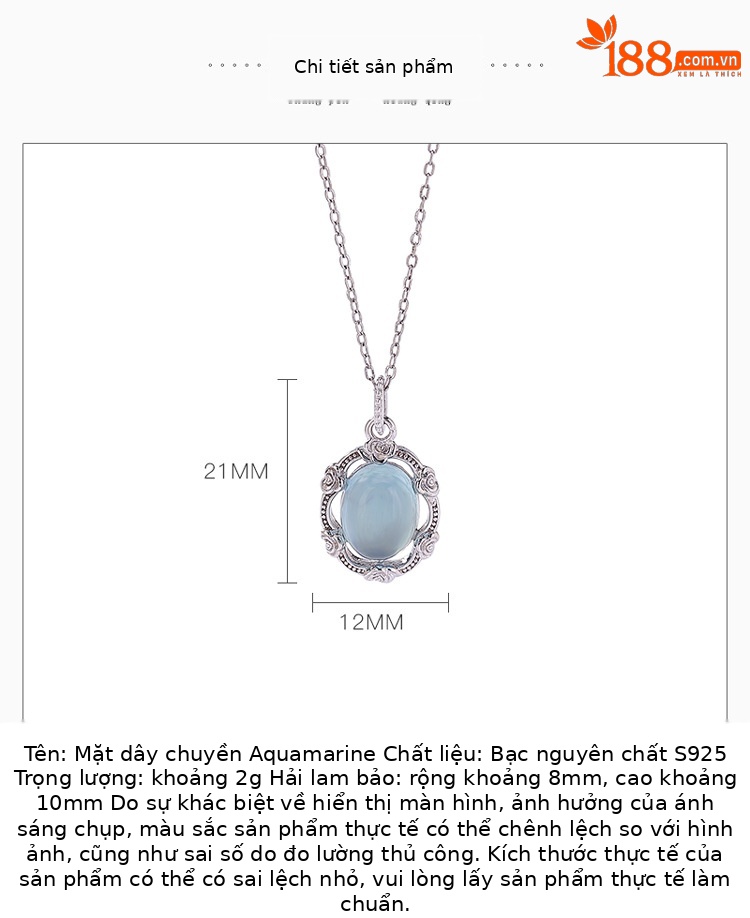 Mặt dây chuyền bạc S925 hình trứng đá Aquamarine phong cách thanh lịch, dây chuyền cổ trang sức bạc — Mặt dây chuyền đơn (không kèm dây) chi tiết 2