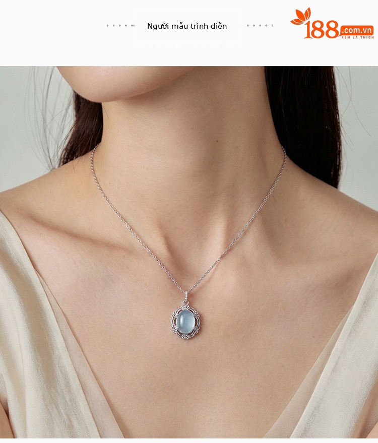 Mặt dây chuyền bạc S925 hình trứng đá Aquamarine phong cách thanh lịch, dây chuyền cổ trang sức bạc — Mặt dây chuyền đơn (không kèm dây) chi tiết 3