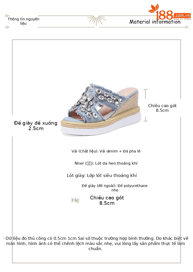 Dép sandal nữ quai ngang đế xuồng cao gót 9 cm, chất liệu denim phối đá đính và đế cói — Cao bồi xanh chi tiết 2
