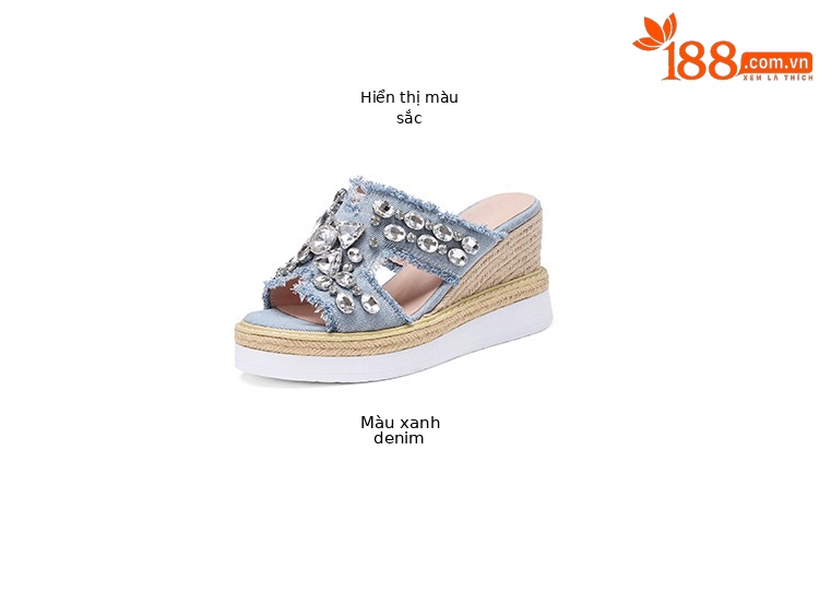 Dép sandal nữ quai ngang đế xuồng cao gót 9 cm, chất liệu denim phối đá đính và đế cói — Cao bồi xanh chi tiết 3