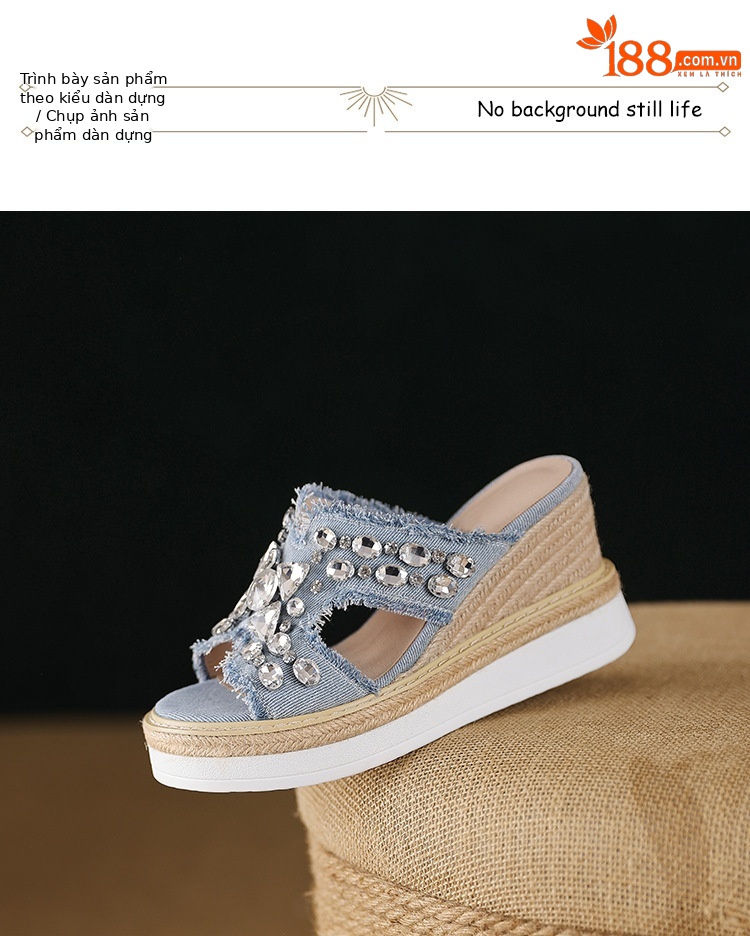 Dép sandal nữ quai ngang đế xuồng cao gót 9 cm, chất liệu denim phối đá đính và đế cói — Cao bồi xanh chi tiết 10