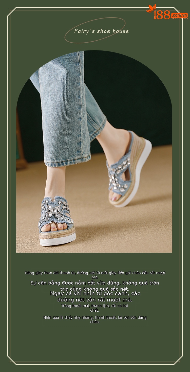 Dép sandal nữ quai ngang đế xuồng cao gót 9 cm, chất liệu denim phối đá đính và đế cói — Cao bồi xanh chi tiết 1