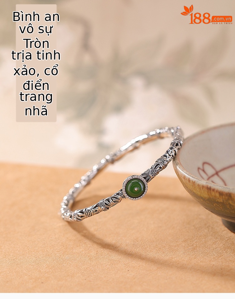 Vòng tay bạc S925 kết hợp ngọc bích Hotan phong cách vintage khảm bạc — Khoảng 17,5g chi tiết 2