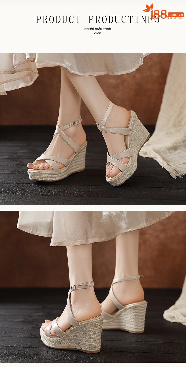 Sandal cao gót nữ hở mũi phong cách Pháp, gót 10 cm, đế rơm dày, quai ngang khóa — màu nâu, màu trắng ngà chi tiết 2