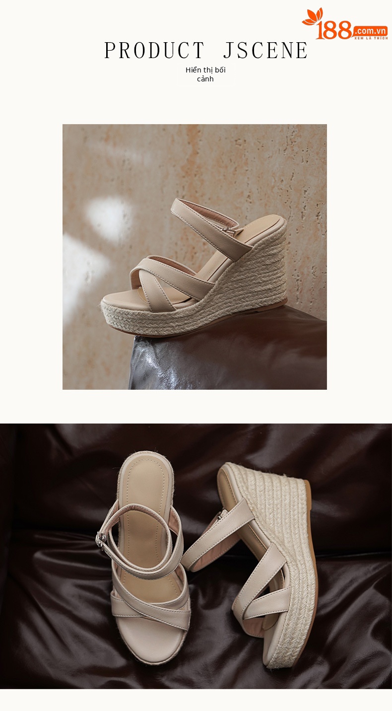 Sandal cao gót nữ hở mũi phong cách Pháp, gót 10 cm, đế rơm dày, quai ngang khóa — màu nâu, màu trắng ngà chi tiết 5