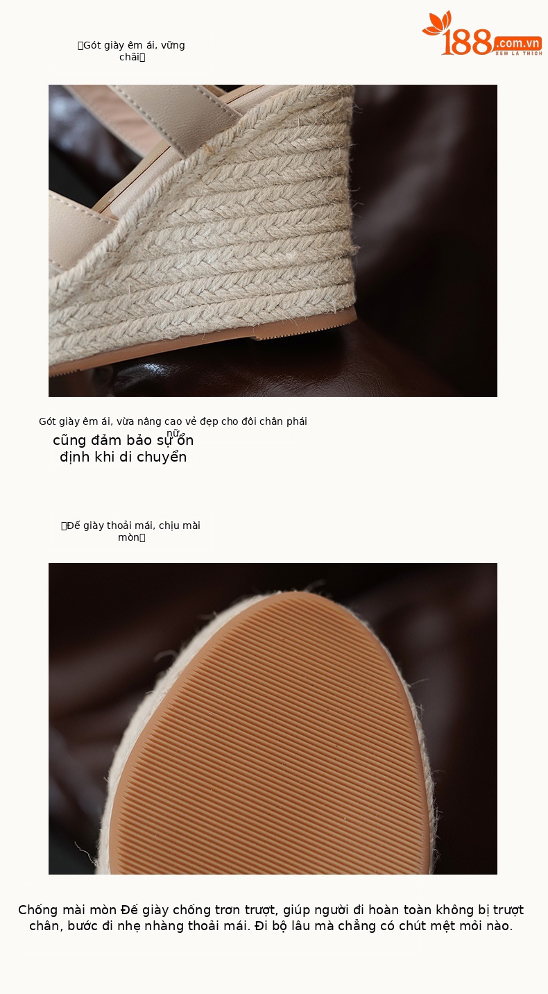 Sandal cao gót nữ hở mũi phong cách Pháp, gót 10 cm, đế rơm dày, quai ngang khóa — màu nâu, màu trắng ngà chi tiết 8