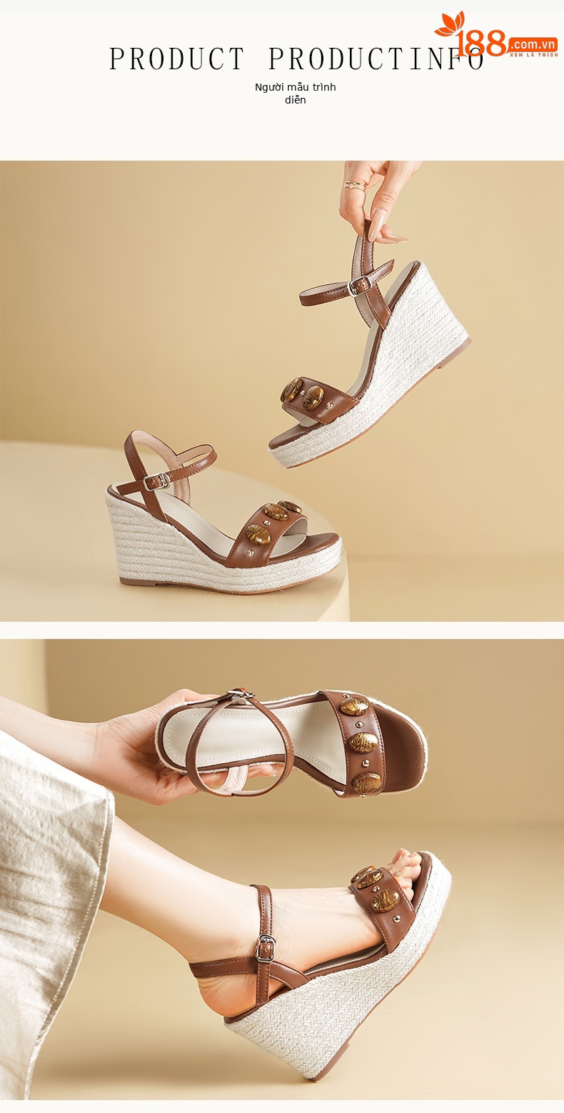 Sandal nữ đế xuồng cao gót phong cách Bohemian quai ngang đinh tán — màu nâu, xanh lá cây chi tiết 2