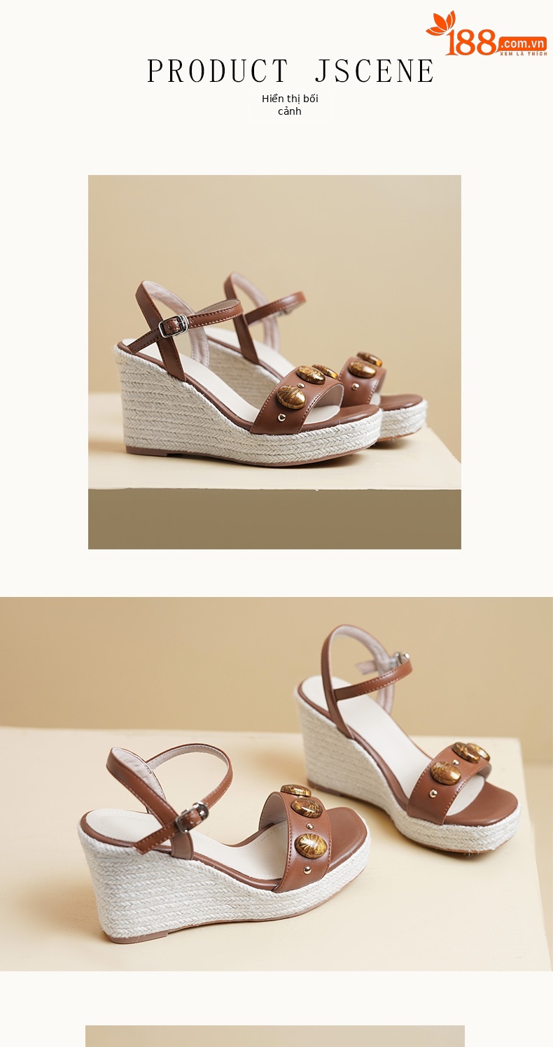 Sandal nữ đế xuồng cao gót phong cách Bohemian quai ngang đinh tán — màu nâu, xanh lá cây chi tiết 5