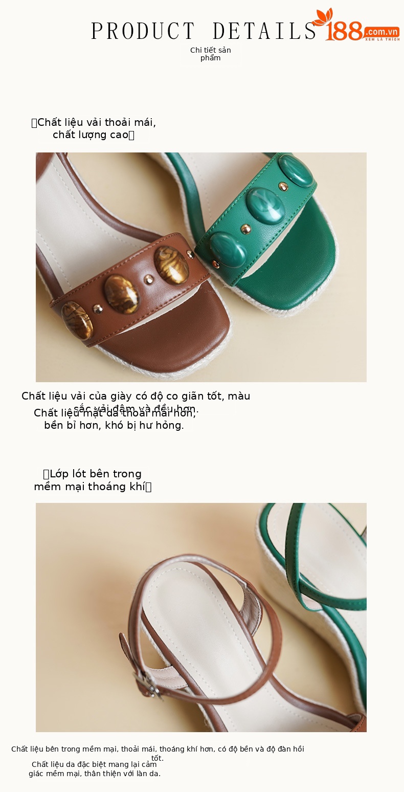Sandal nữ đế xuồng cao gót phong cách Bohemian quai ngang đinh tán — màu nâu, xanh lá cây chi tiết 7