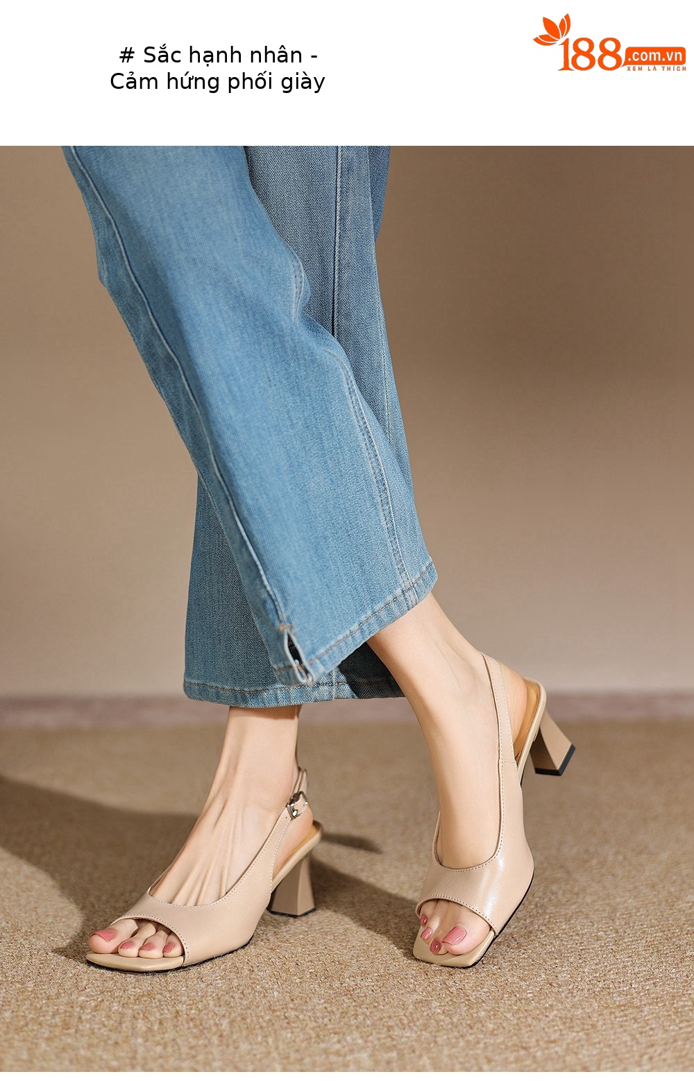 Sandal cao gót nữ mũi vuông hở ngón, quai ngang một dây, gót vuông ổn định — màu trắng ngà chi tiết 14