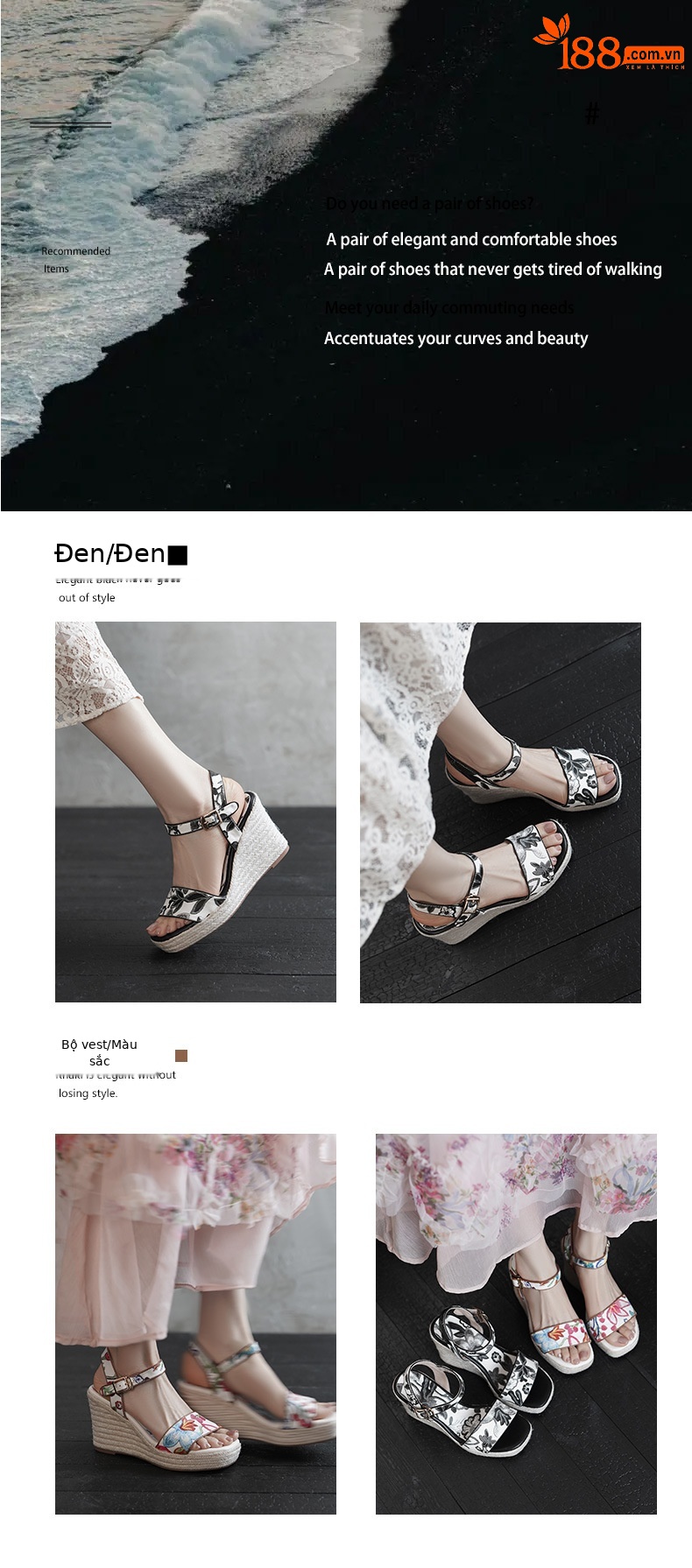 Sandal nữ hở mũi gót nêm cao 7 cm đế cói in hoa boho — màu đen, màu trắng chi tiết 1