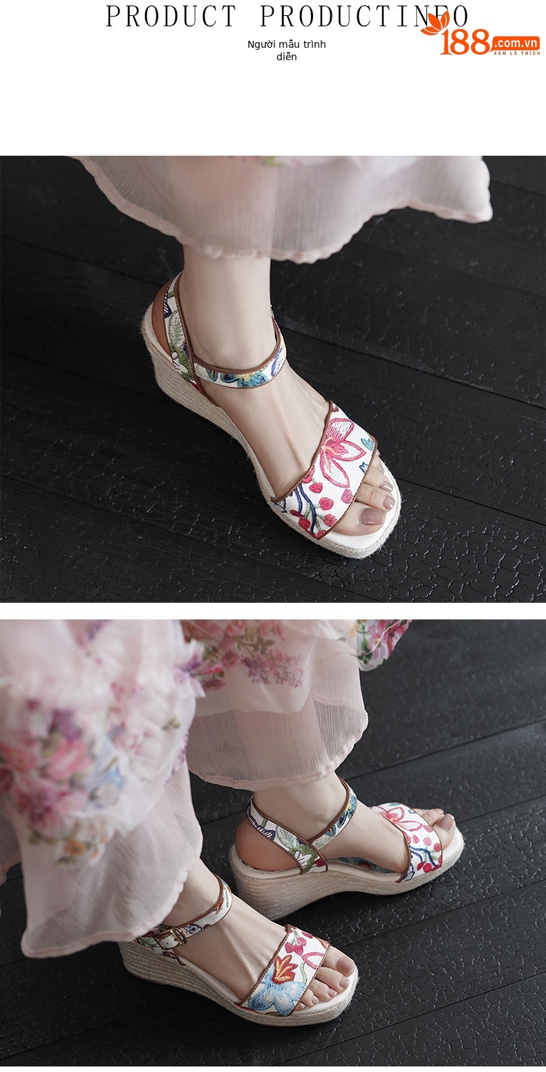 Sandal nữ hở mũi gót nêm cao 7 cm đế cói in hoa boho — màu đen, màu trắng chi tiết 2