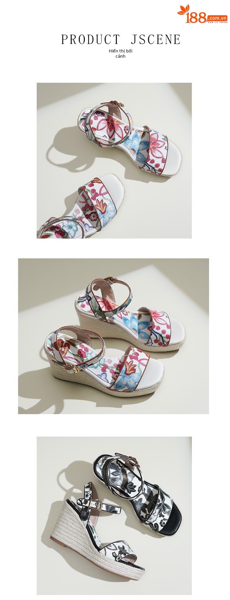 Sandal nữ hở mũi gót nêm cao 7 cm đế cói in hoa boho — màu đen, màu trắng chi tiết 6