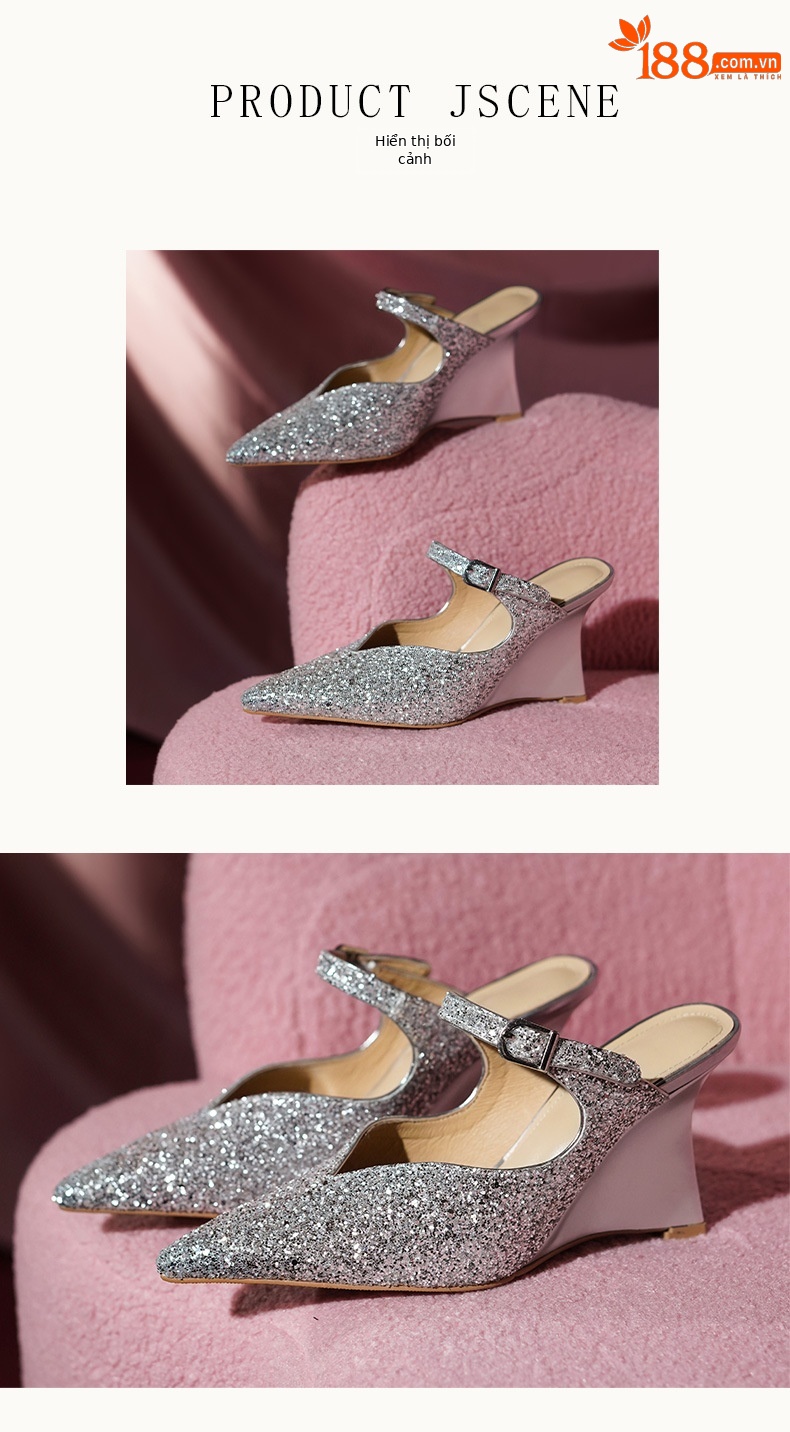 Giày mule nữ mũi nhọn đế xuồng phối sequin lấp lánh — màu vàng, bạc chi tiết 5