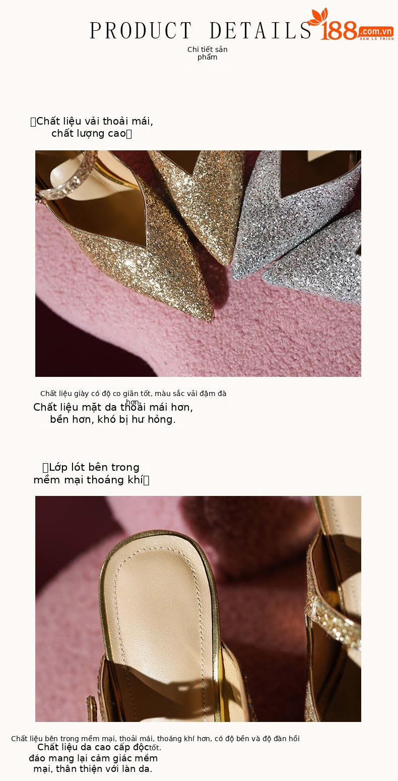 Giày mule nữ mũi nhọn đế xuồng phối sequin lấp lánh — màu vàng, bạc chi tiết 7