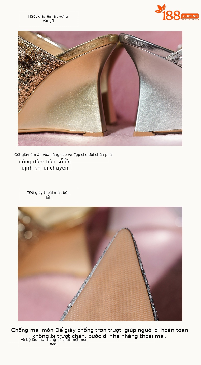Giày mule nữ mũi nhọn đế xuồng phối sequin lấp lánh — màu vàng, bạc chi tiết 8