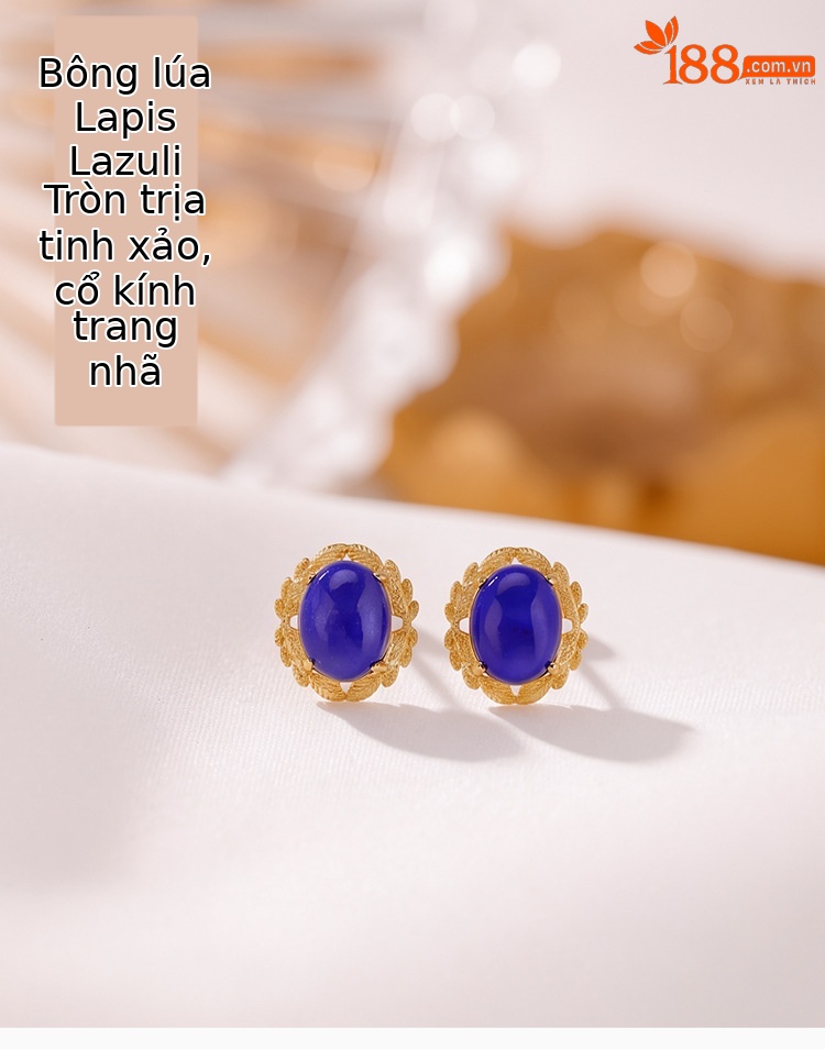 Bông tai bạc S925 mạ vàng đính đá Lapis Lazuli hình trứng vintage — Cặp đôi chi tiết 1
