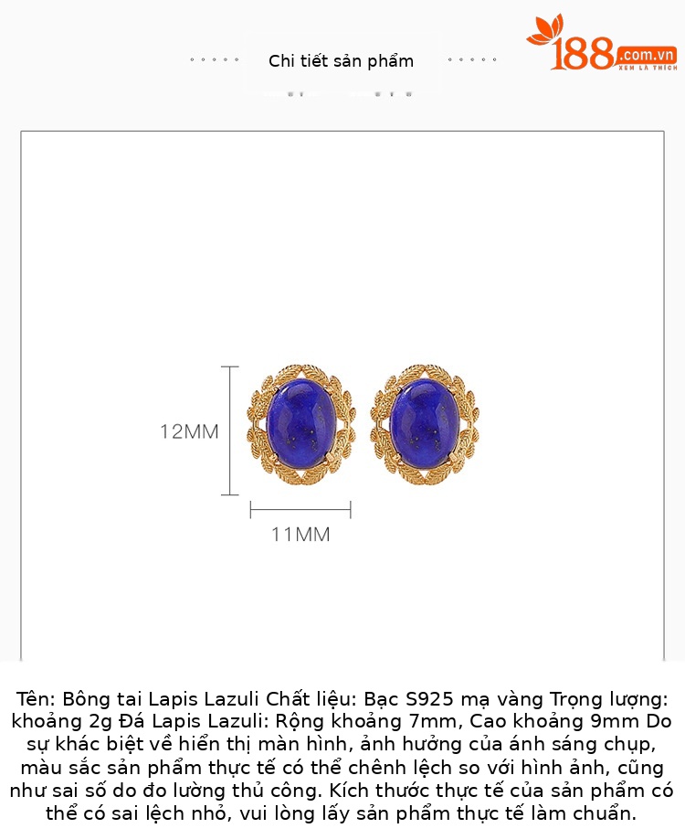Bông tai bạc S925 mạ vàng đính đá Lapis Lazuli hình trứng vintage — Cặp đôi chi tiết 2