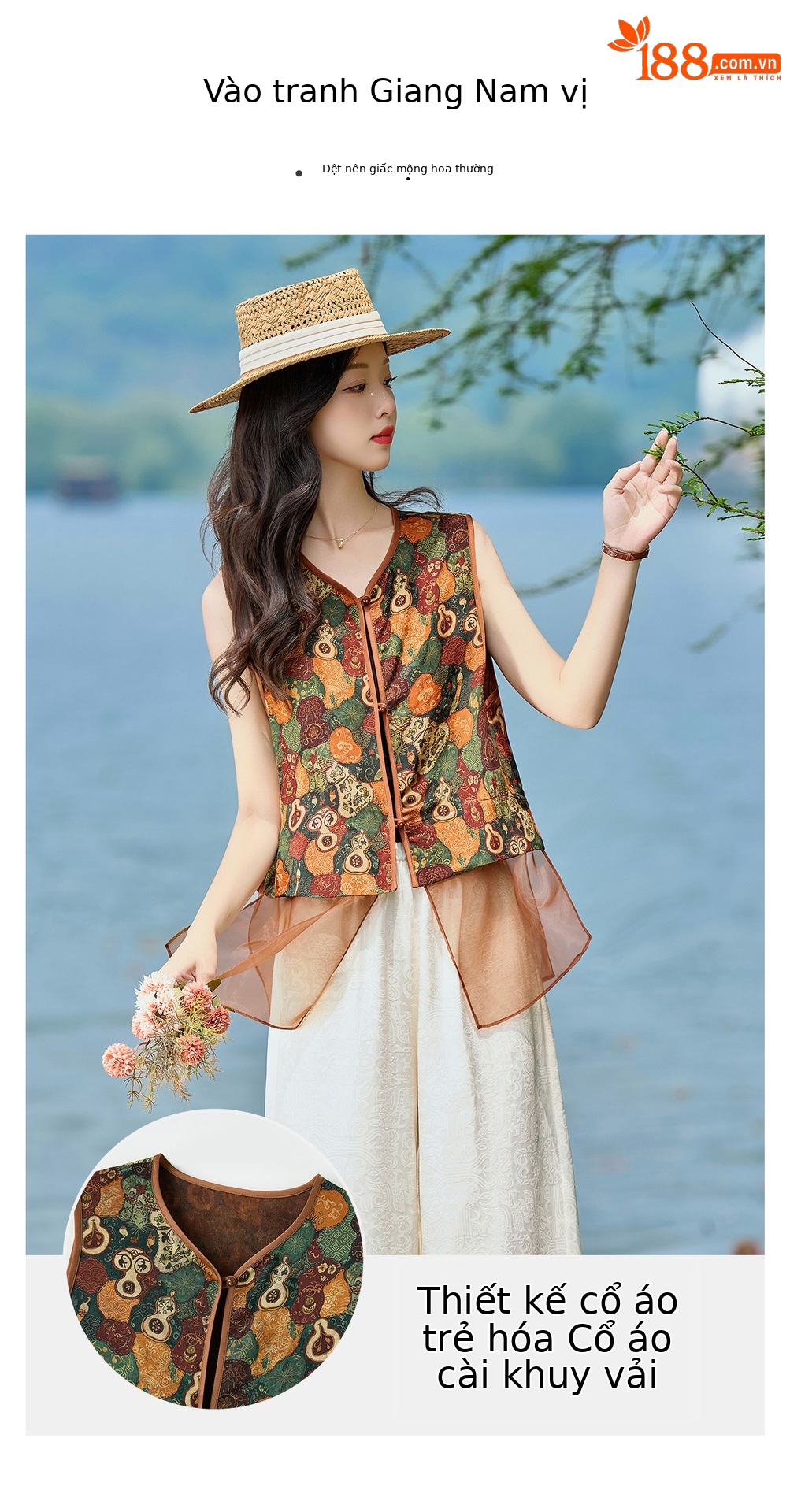 Bộ áo vest gile in họa tiết và quần ống suông phối đồ vintage nữ — Bầu hồ lô, Màu vàng chảy chi tiết 8