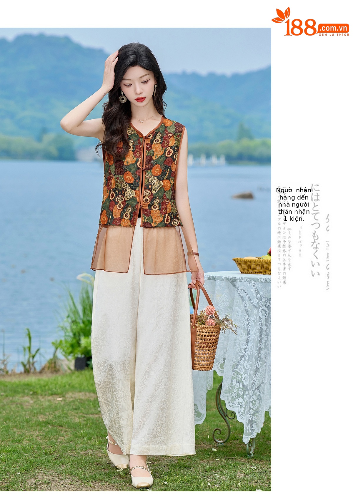 Bộ áo vest gile in họa tiết và quần ống suông phối đồ vintage nữ — Bầu hồ lô, Màu vàng chảy chi tiết 16