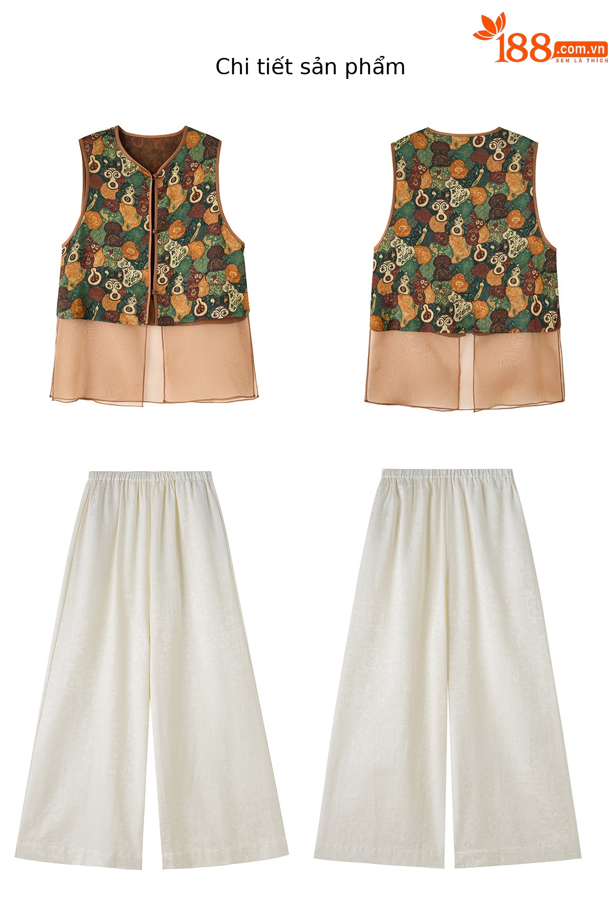 Bộ áo vest gile in họa tiết và quần ống suông phối đồ vintage nữ — Bầu hồ lô, Màu vàng chảy chi tiết 26