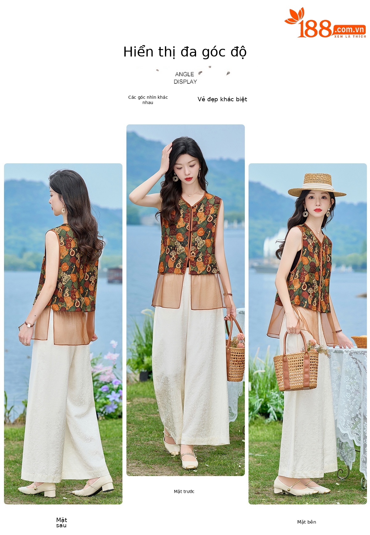 Bộ áo vest gile in họa tiết và quần ống suông phối đồ vintage nữ — Bầu hồ lô, Màu vàng chảy chi tiết 3