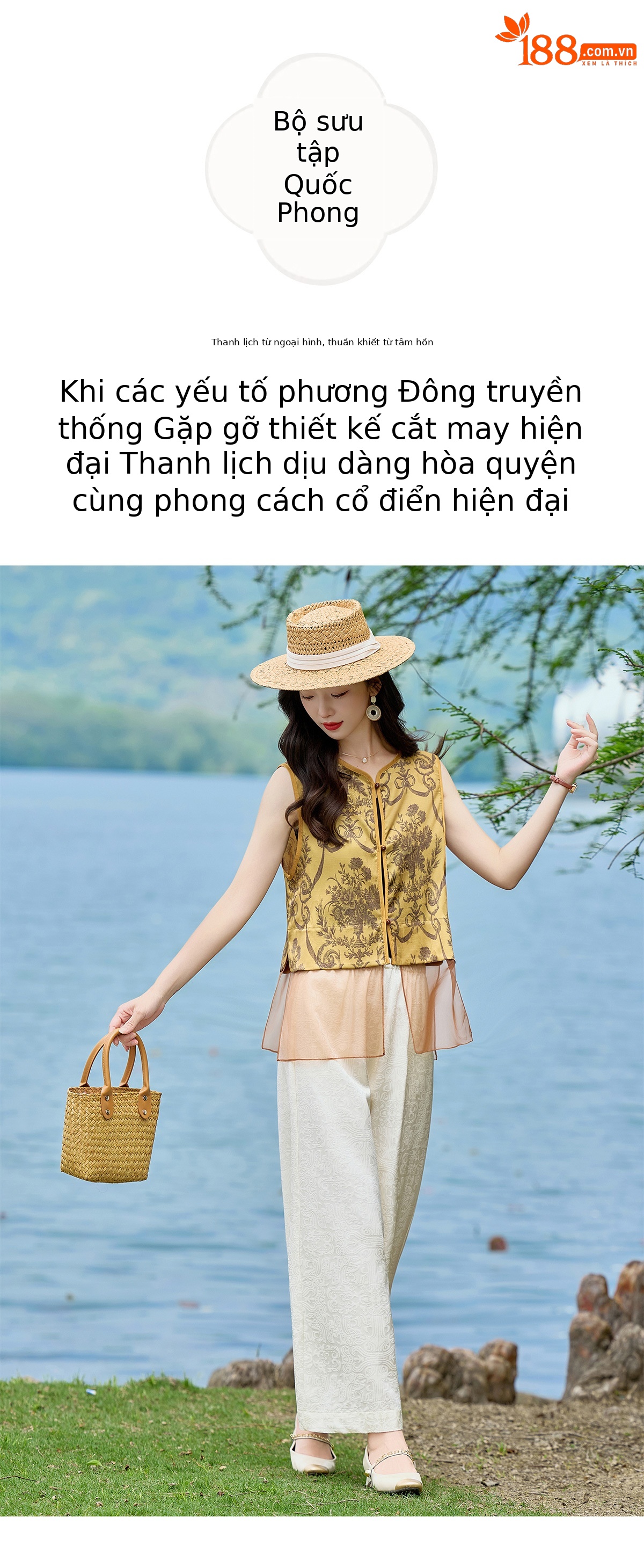 Bộ áo vest gile in họa tiết và quần ống suông phối đồ vintage nữ — Bầu hồ lô, Màu vàng chảy chi tiết 6