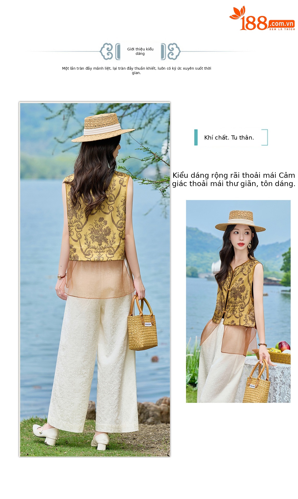 Bộ áo vest gile in họa tiết và quần ống suông phối đồ vintage nữ — Bầu hồ lô, Màu vàng chảy chi tiết 10