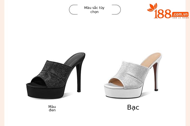 Sandal cao gót nữ quai một dây đính đá, gót nhọn 9 cm, đế platform — đen chi tiết 2
