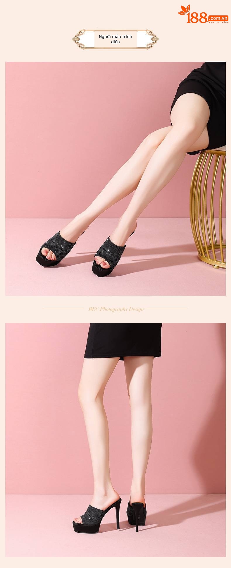 Sandal cao gót nữ quai một dây đính đá, gót nhọn 9 cm, đế platform — đen chi tiết 16