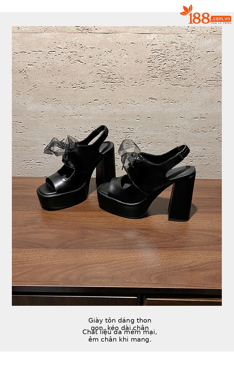 Sandal cao gót nữ hở mũi gót 12 cm đế platform quai dây ruy băng phong cách La Mã — màu đen, màu mơ chi tiết 3