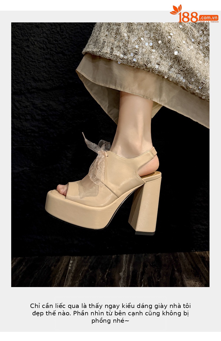 Sandal cao gót nữ hở mũi gót 12 cm đế platform quai dây ruy băng phong cách La Mã — màu đen, màu mơ chi tiết 4
