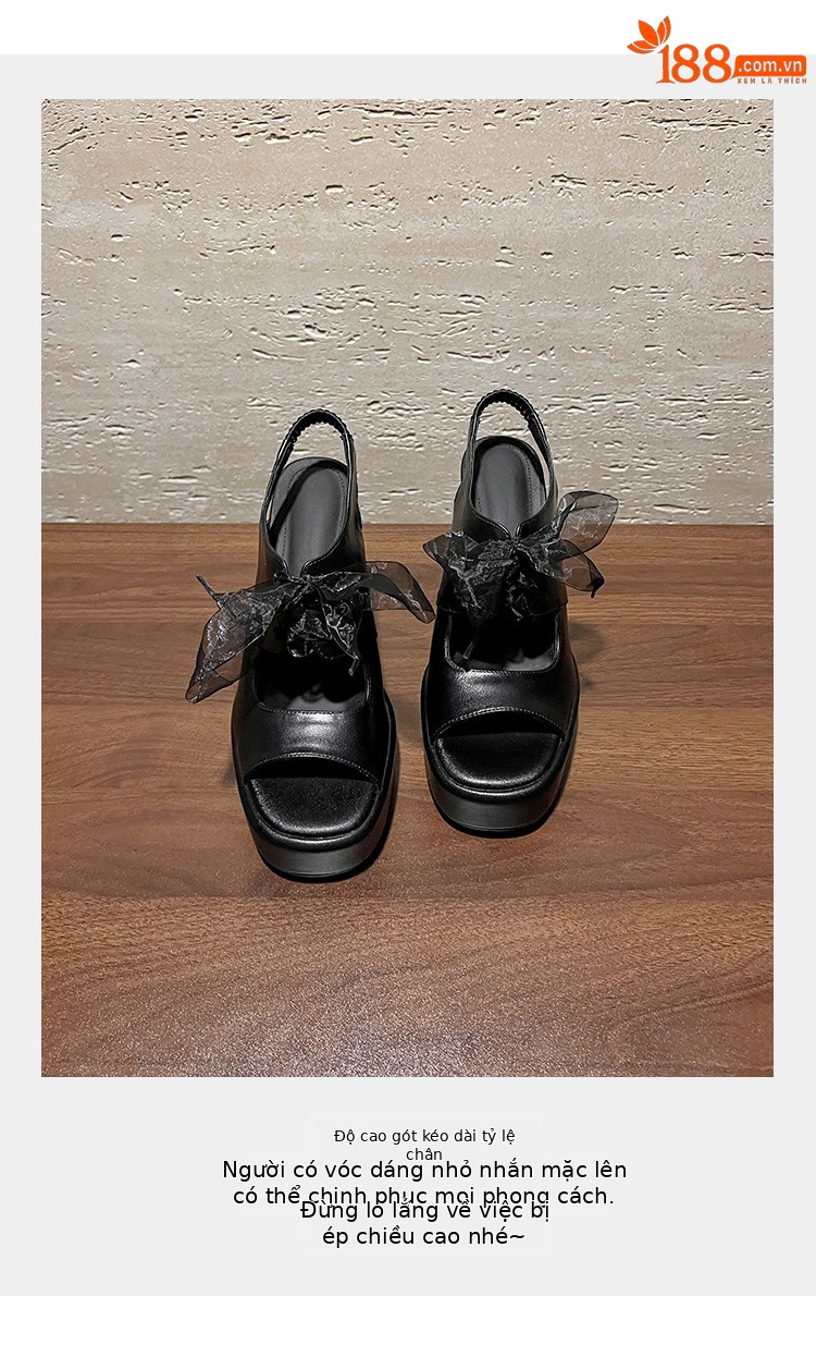 Sandal cao gót nữ hở mũi gót 12 cm đế platform quai dây ruy băng phong cách La Mã — màu đen, màu mơ chi tiết 6